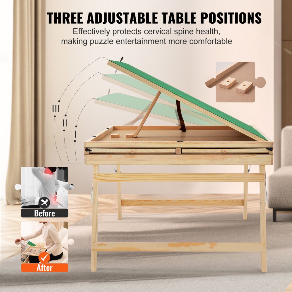 1500 Piece Puzzle Table with Folding Legs, 4 Drawers and Cover, 32.7"x24.6" Wooden Jigsaw Puzzle Plateau, Adjustable 3-Tilting-Angle Puzzle Board, Puzzle Storage System for Adults, Gift for Mom