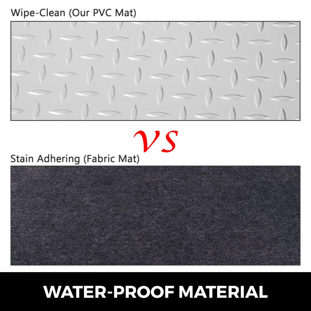 Comparison of silver wipe-clean PVC mat with diamond pattern versus dark stain-adhering fabric mat, highlighting waterproof material.