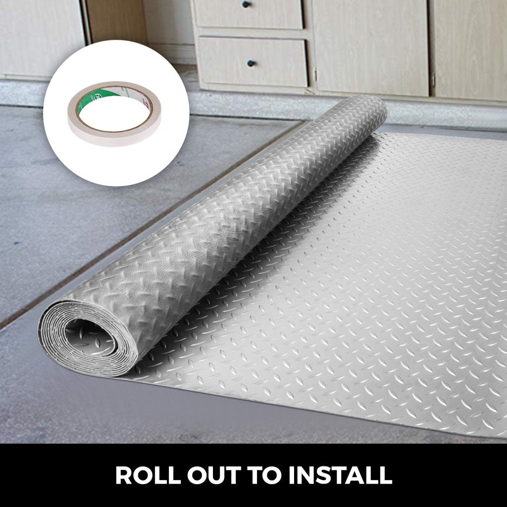 Silver PVC garage floor mat in a 25.5x3.6 ft roll with diamond pattern and included tape.