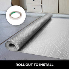 Silver PVC garage floor mat in a 25.5x3.6 ft roll with diamond pattern and included tape.