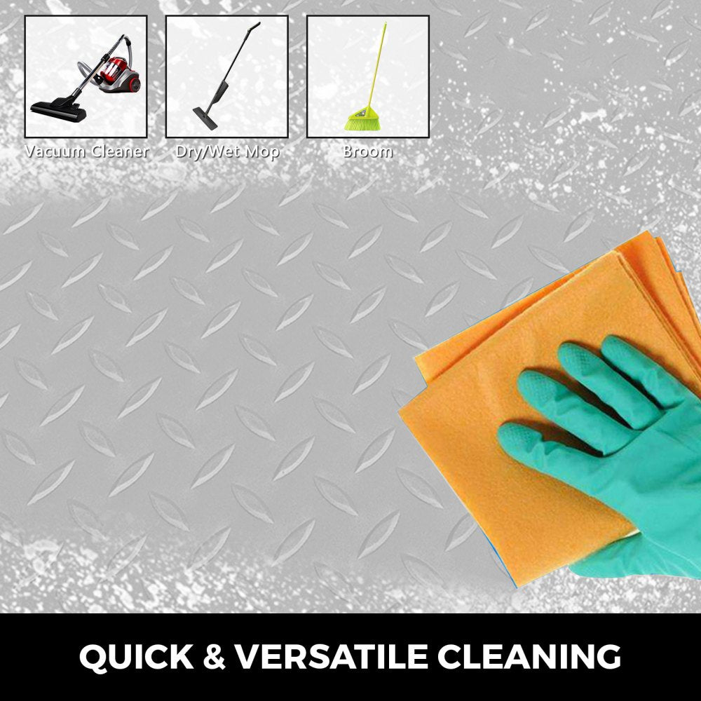 Silver PVC garage floor mat, 25.5x3.6 ft, 2.5mm thick, with diamond-pattern backing.