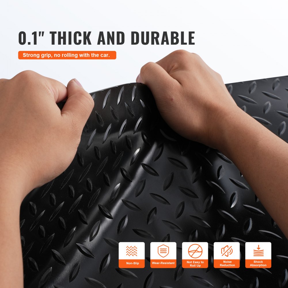 Bostome black PVC garage floor mats in two rolls, 2.5mm thick, with a diamond pattern.