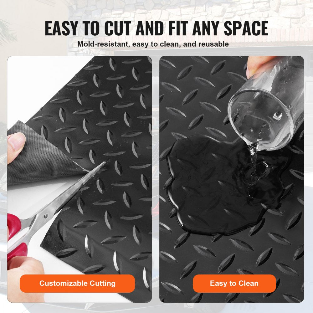 Black PVC garage floor mats in two rolls, 2.5mm thick with a waterproof diamond pattern.