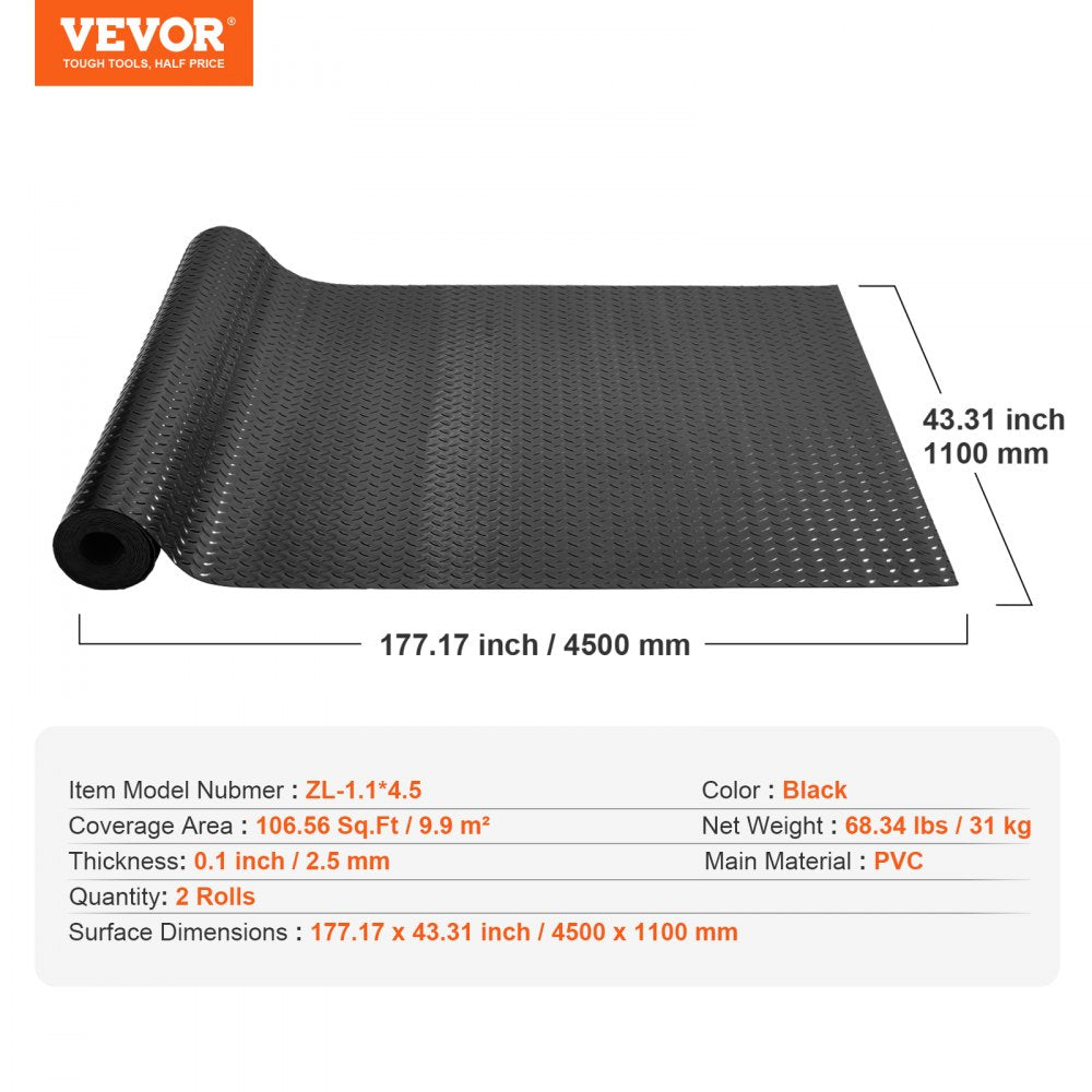 Bostome black PVC garage floor mats in two rolls, 2.5mm thick, with a diamond pattern.