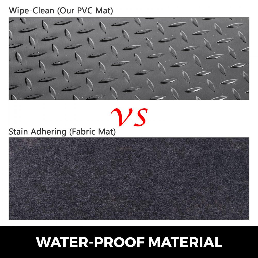 Two rolls of black PVC garage floor mats, 2.5mm thick, with a diamond pattern backing.