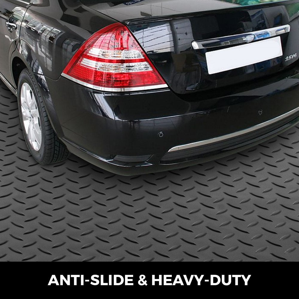 Two rolls of black PVC garage floor mats, 2.5mm thick, measuring 17 x 3.6 ft each.