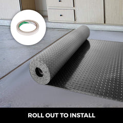 Two rolls of black PVC garage floor mats, 2.5mm thick, with a diamond pattern backing.