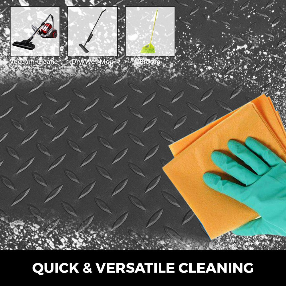 Two rolls of black PVC garage floor mats, each 2.5mm thick, 17 x 3.6 ft size.