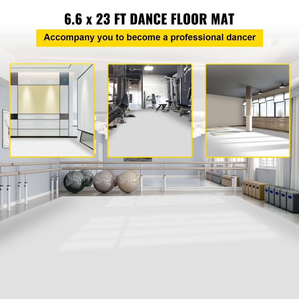 Bostome 6.6x23ft black/white reversible PVC dance floor roll shown unrolled in dance studios.