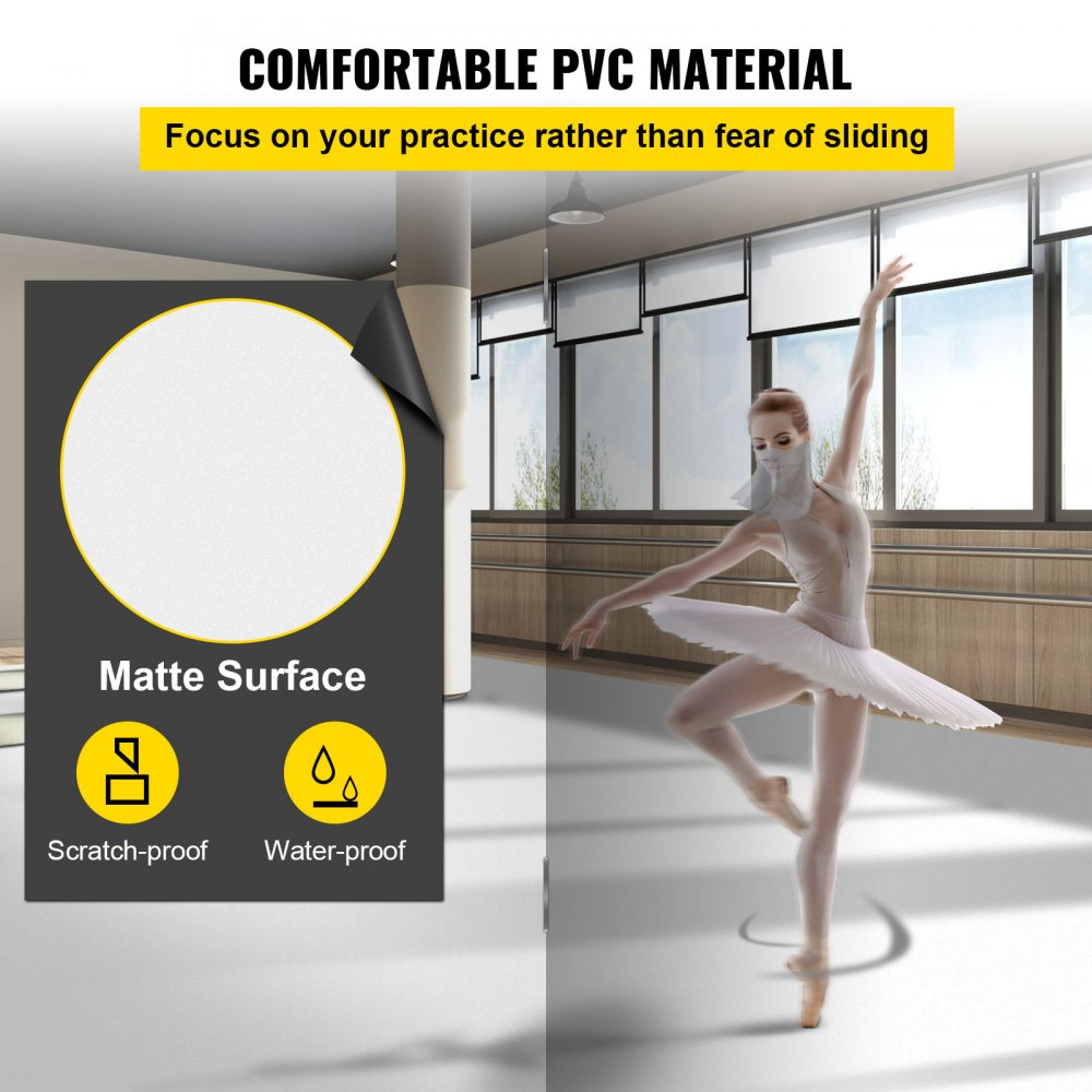 Black and white reversible PVC dance floor roll, 6.6x23ft, with matte, waterproof surface.