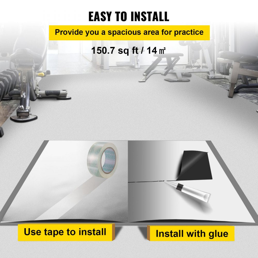 Reversible black and white PVC dance floor roll with tape and glue installation options.