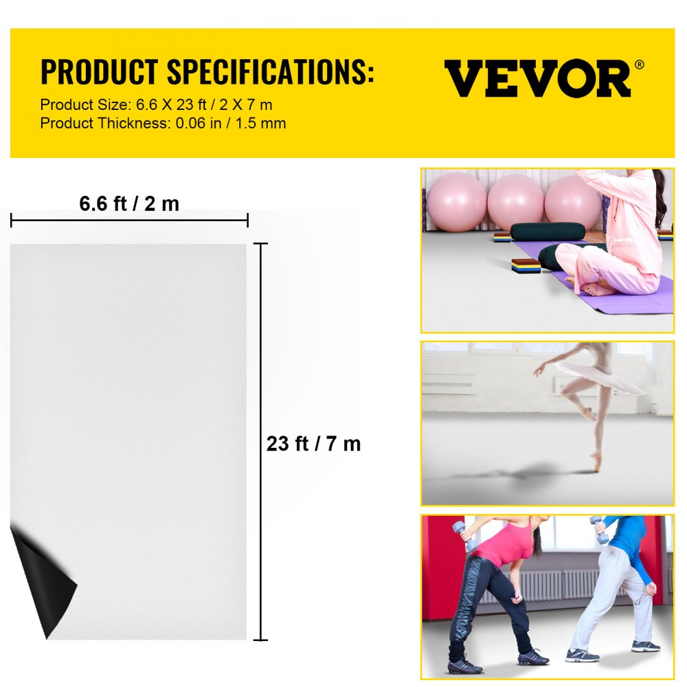 Bostome 6.6x23ft black/white reversible PVC dance floor roll, 1.5mm thick, shown unrolled with dancers.