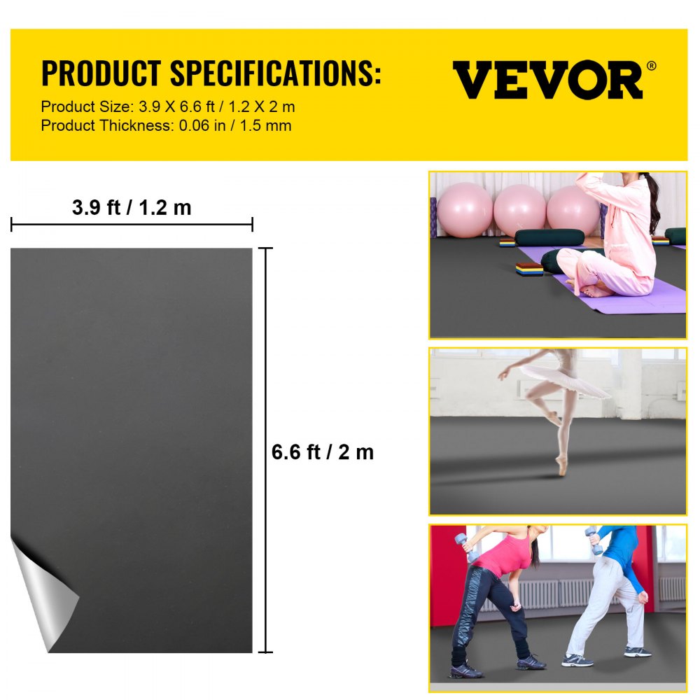 Reversible PVC vinyl dance floor in grey and black, measuring 6.6x3.9 feet.