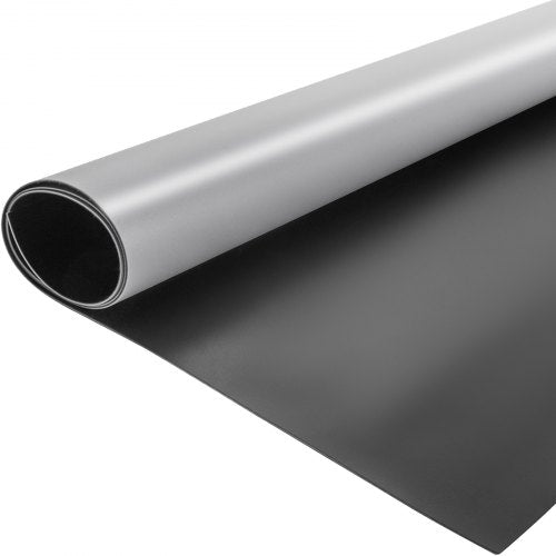 Grey and black portable PVC dance floor roll measuring 6.6x49.2ft and 1.5mm thick.