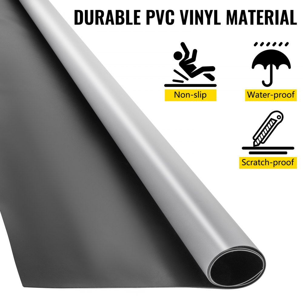 Grey and black portable PVC dance floor roll, 6.6x49.2ft, 1.5mm thick, non-slip surface.
