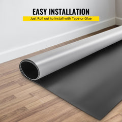 Portable grey and black PVC dance floor roll measuring 6.6x49.2ft and 1.5mm thick.