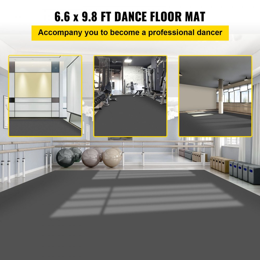 Reversible PVC vinyl dance floor in black and grey, measuring 6.6x9.8 feet.