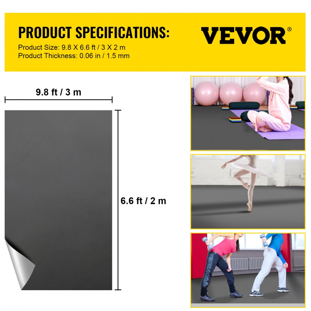 Bostome reversible PVC vinyl dance floor in black and grey, measuring 6.6x9.8 feet.