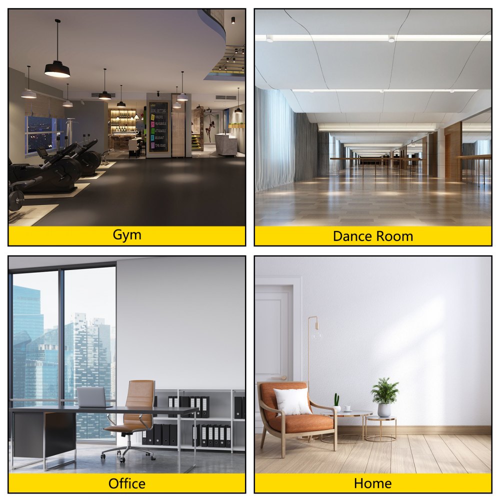Collage of Bostome grey/black PVC dance floor in gym, dance room, office, and home settings.