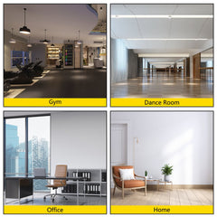 Collage of Bostome grey/black PVC dance floor in gym, dance room, office, and home settings.