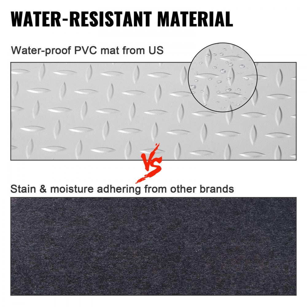 Silver diamond texture vinyl garage floor mat with durable PVC and tear-resistant backing.