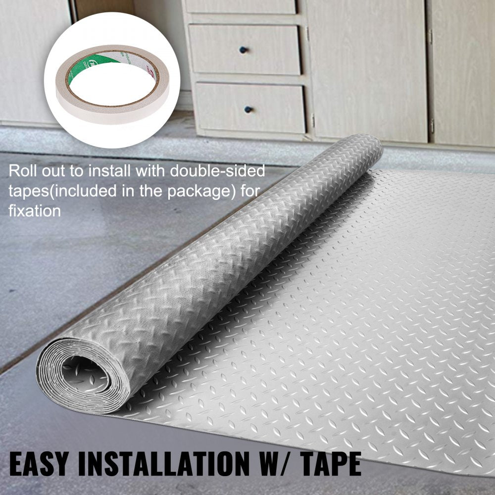 Silver diamond textured PVC garage floor mat with a durable, waterproof surface.
