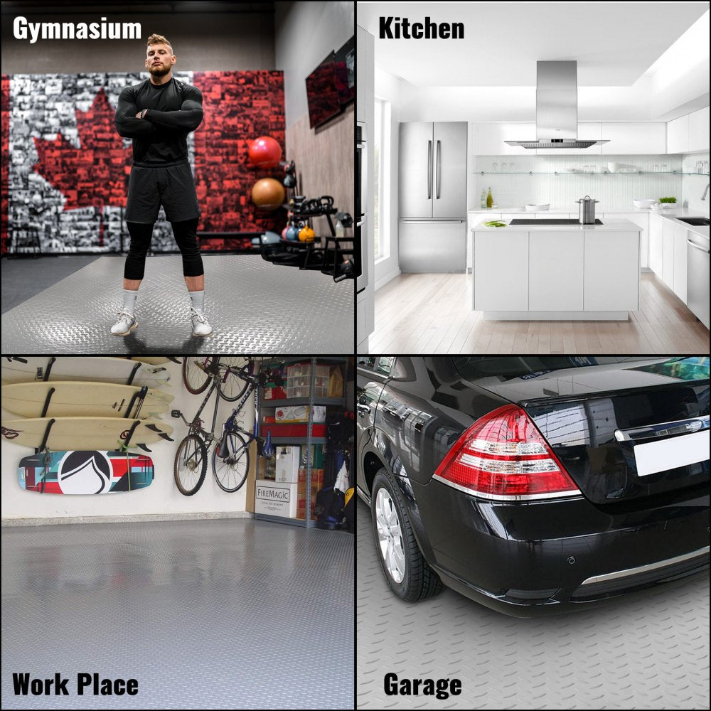 Silver diamond texture vinyl garage floor mat with a durable, waterproof design.
