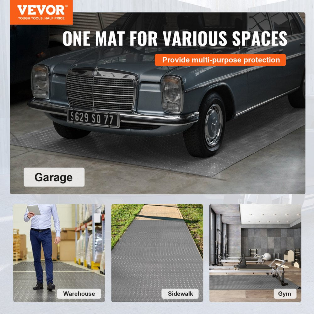 Gray PVC garage floor mat with diamond texture, measuring 4.9x19ft.