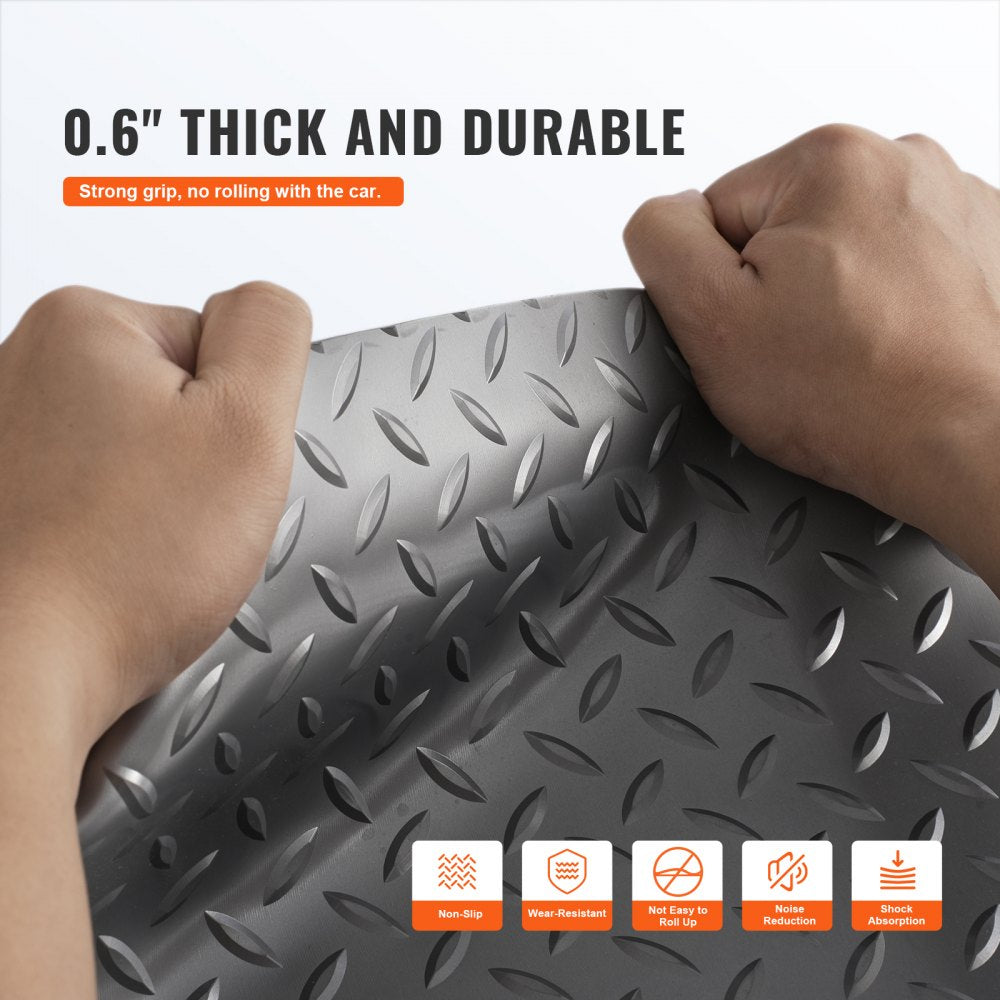 Gray PVC garage floor mat with diamond texture, measuring 4.9x19 feet.