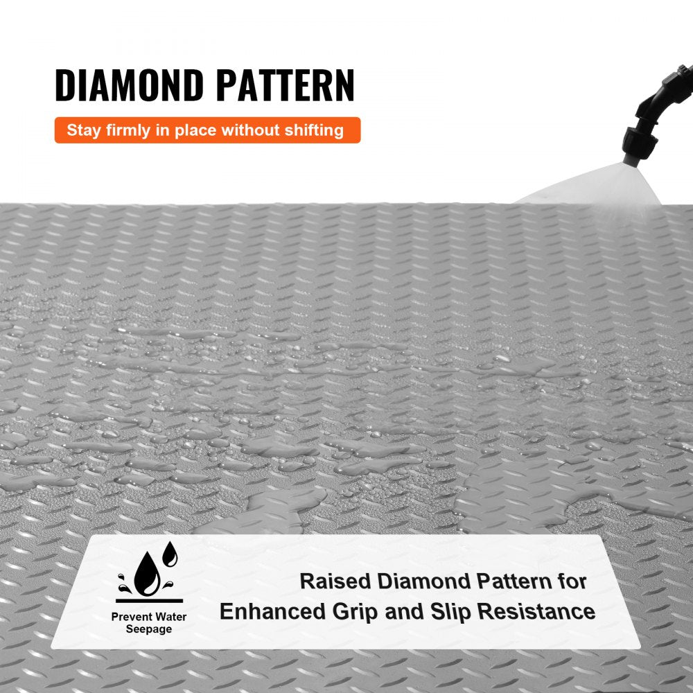Gray PVC garage floor mat with diamond texture, measuring 4.9x19 feet.