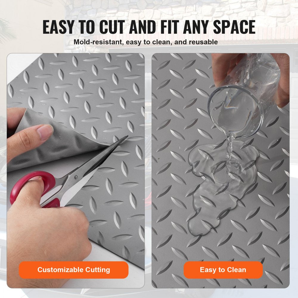 Gray PVC garage floor mat with a diamond texture, measuring 4.9x19 feet.