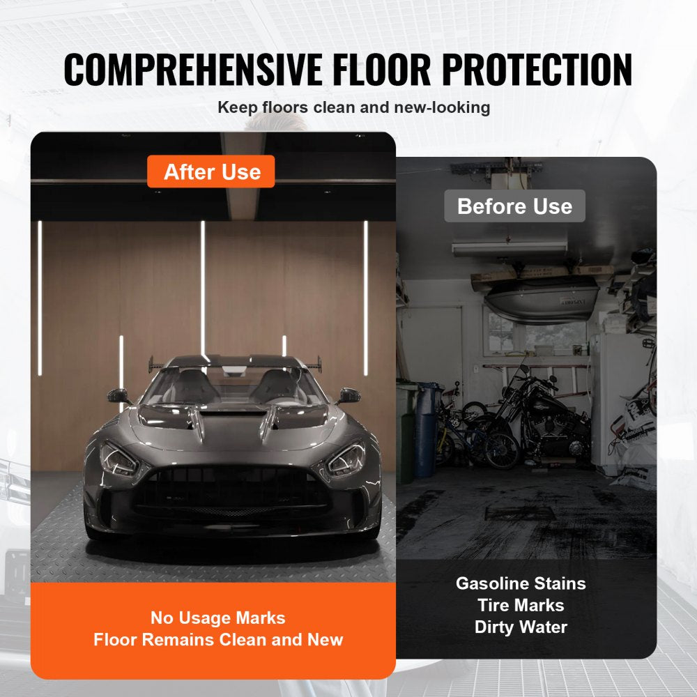 Gray PVC garage floor mat with diamond texture, measuring 4.9x19 feet.