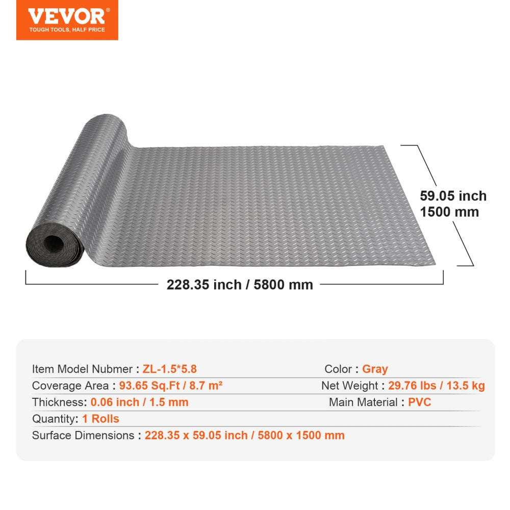 Gray PVC garage floor mat with a diamond texture, measuring 4.9x19 feet.