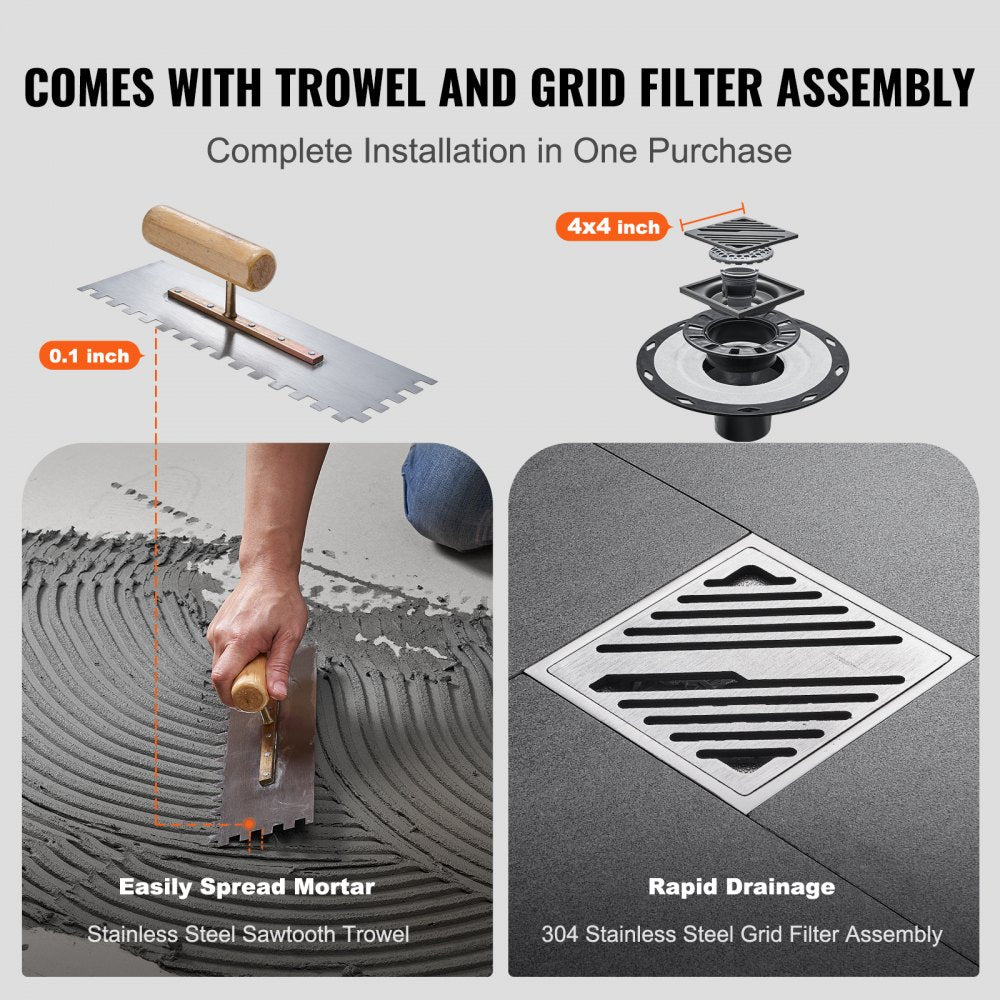 Bostome 72"x72" shower pan kit with waterproof curb, membrane, and stainless steel grid filter.