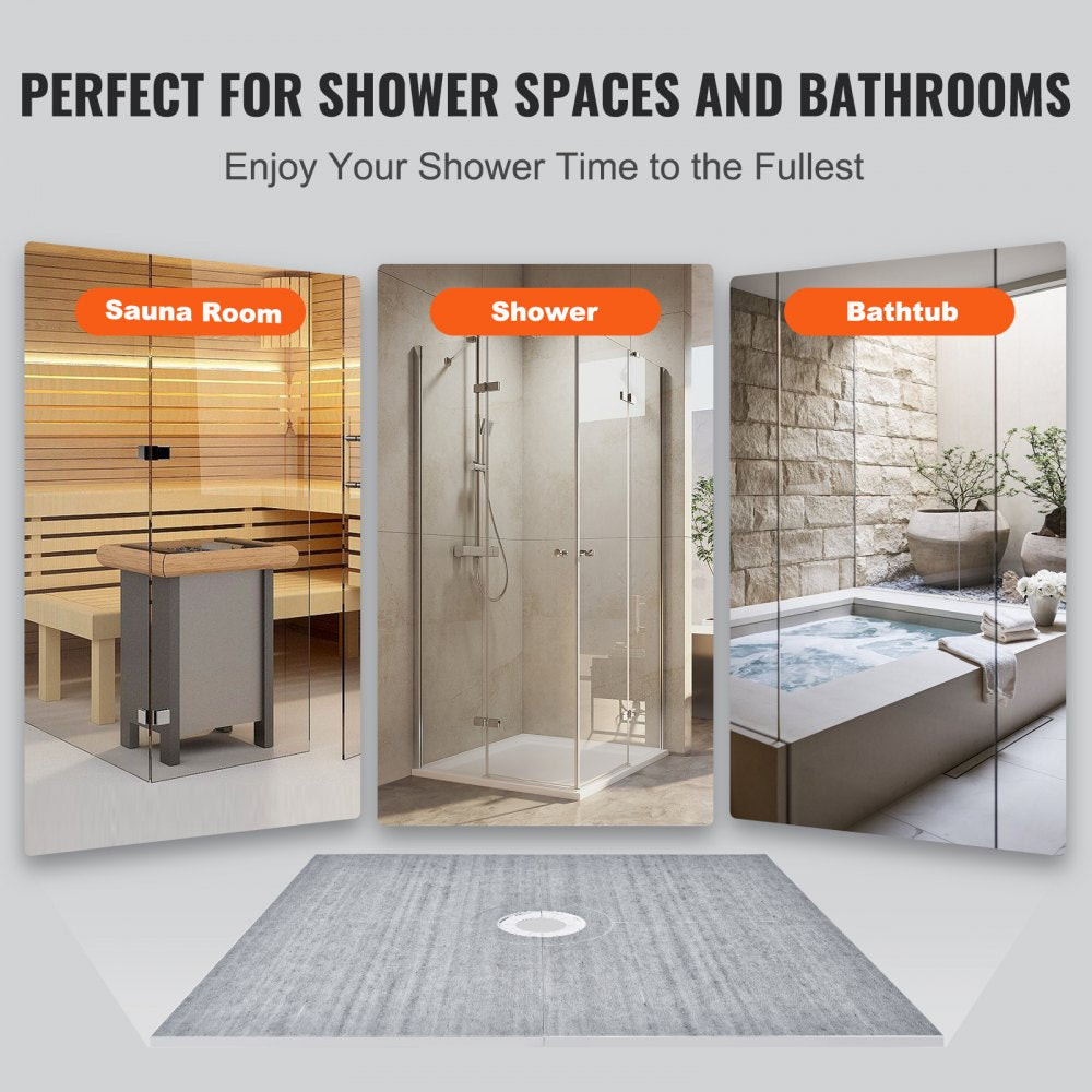 Bostome 72"x72" shower pan kit with waterproof curb, membrane, and stainless steel grid filter.