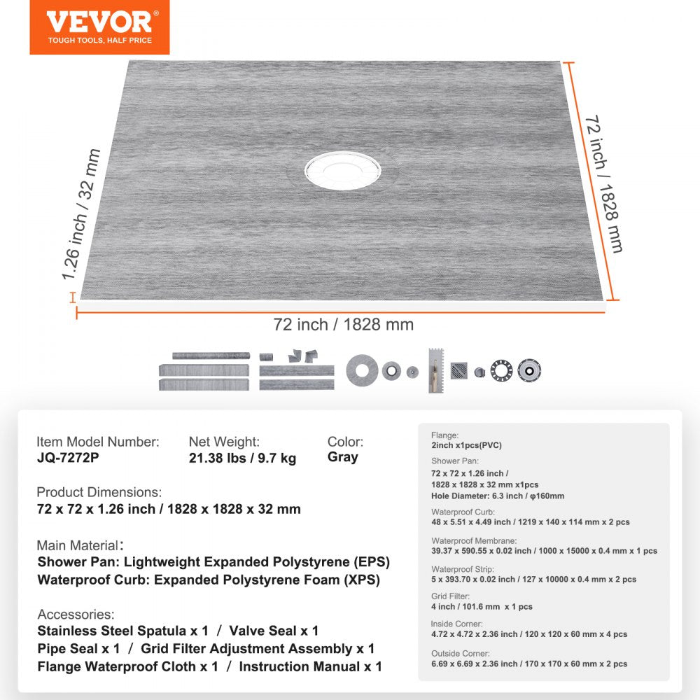 Bostome 72"x72" shower pan kit with waterproof curb, membrane, and stainless steel drain.