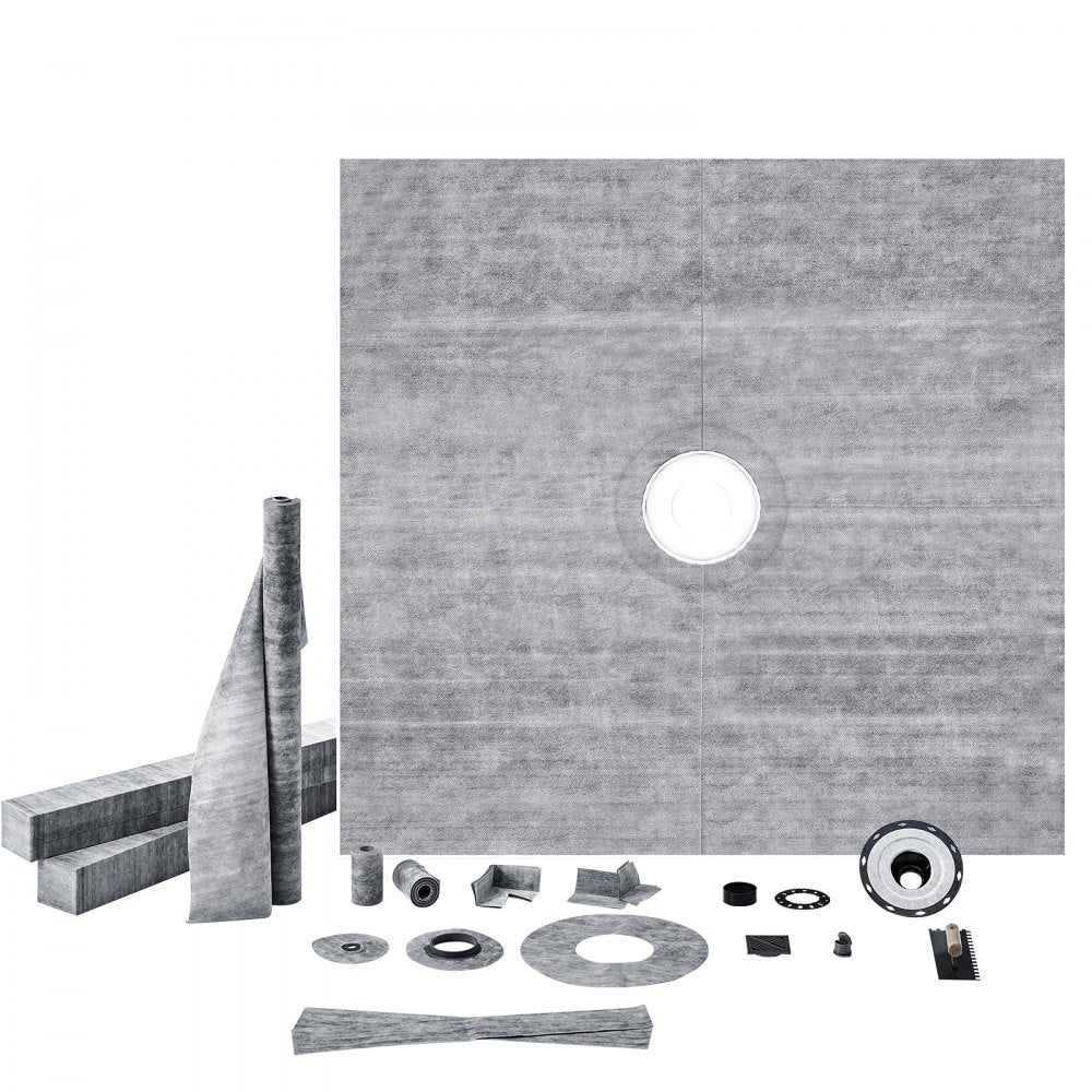 Bostome 72"x72" shower pan kit with waterproof curb, membrane, and stainless steel grid filter.