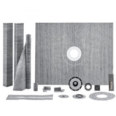 Bostome 60"x48" shower pan kit with curb, waterproof membrane, and stainless steel grid filter.