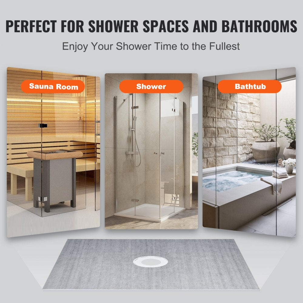 Bostome 60"x48" shower pan kit with curb, waterproof membrane, and stainless steel grid filter.