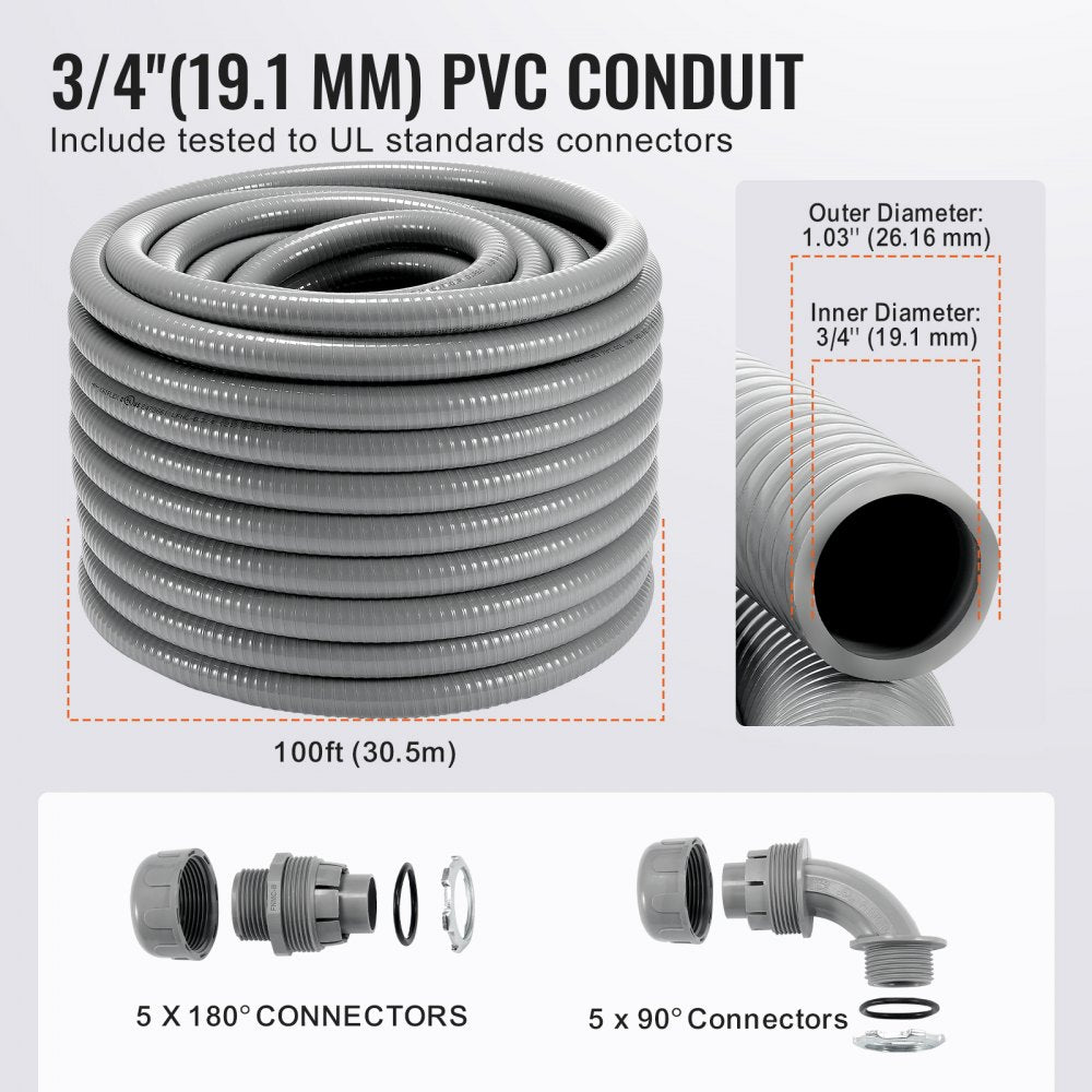 3/4-Inch Flexible Electrical Conduit, 100 ft, PVC Liquid-Tight Conduit Non-Metallic with 5 Straight and 5 90-Degree Conduit Connector Fittings, for Air Conditioning Motor Controller Pump, IP65