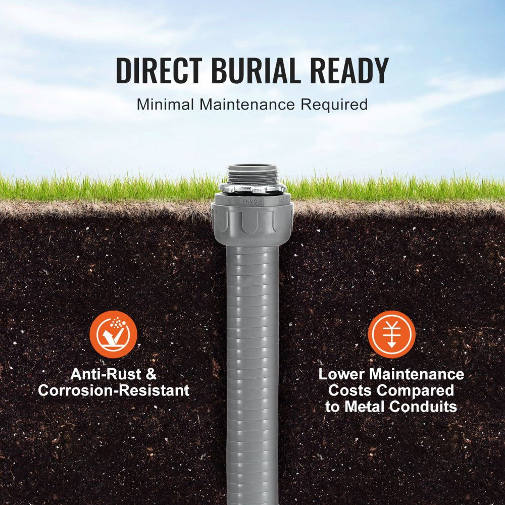 3/4-Inch Flexible Electrical Conduit, 100 ft, PVC Liquid-Tight Conduit Non-Metallic with 5 Straight and 5 90-Degree Conduit Connector Fittings, for Air Conditioning Motor Controller Pump, IP65
