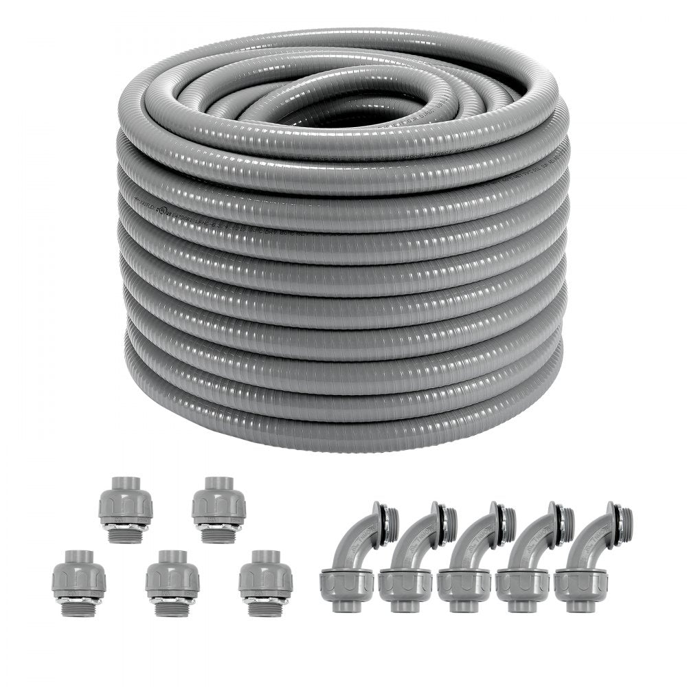3/4-Inch Flexible Electrical Conduit, 100 ft, PVC Liquid-Tight Conduit Non-Metallic with 5 Straight and 5 90-Degree Conduit Connector Fittings, for Air Conditioning Motor Controller Pump, IP65