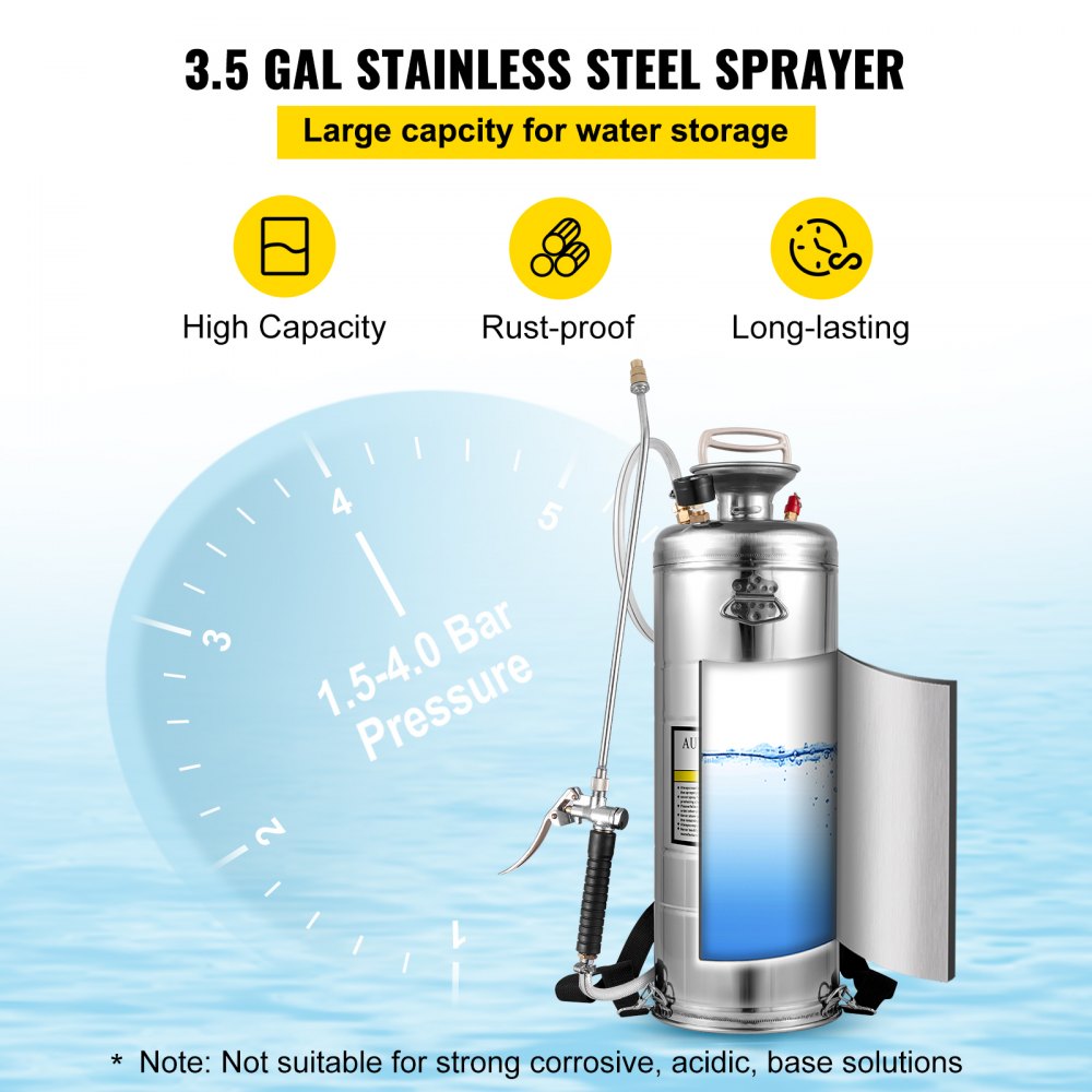 3.5Gal Stainless Steel Sprayer,l Set with 20" Wand& Handle& 3FT Reinforced Hose, Hand Pump Sprayer with Pressure Gauge&Safety Valve, Adjustable Nozzle Suitable for Gardening& Sanitizing