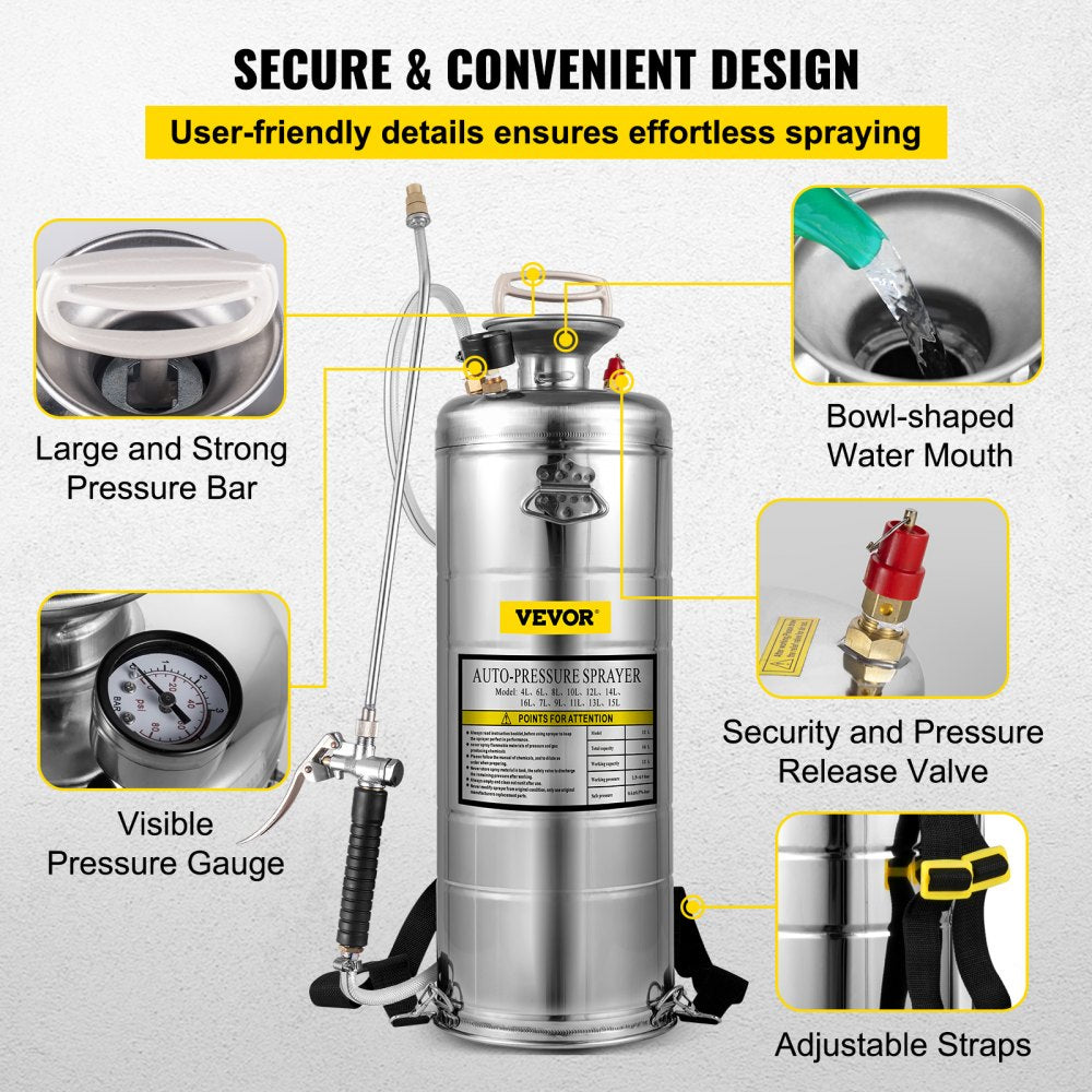 3.5Gal Stainless Steel Sprayer,l Set with 20" Wand& Handle& 3FT Reinforced Hose, Hand Pump Sprayer with Pressure Gauge&Safety Valve, Adjustable Nozzle Suitable for Gardening& Sanitizing