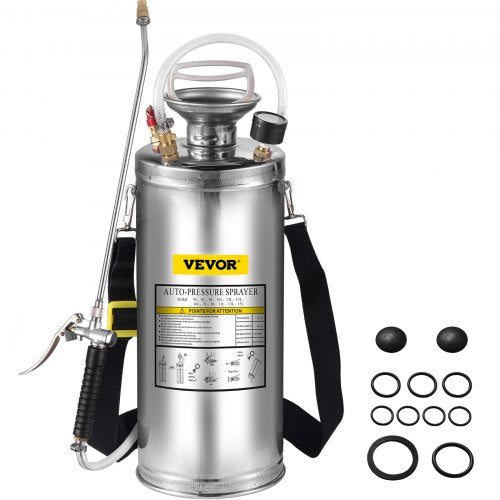 2Gal Stainless Steel Sprayer, Set with 20" Wand& Handle& 3FT Reinforced Hose, Hand Pump Sprayer with Pressure Gauge&Safety Valve, Adjustable Nozzle Suitable for Gardening and Sanitizing