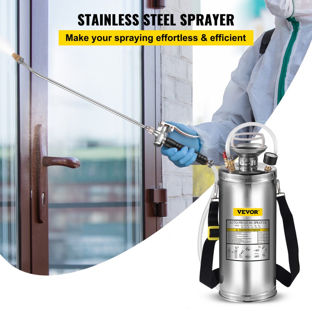 2Gal Stainless Steel Sprayer, Set with 20" Wand& Handle& 3FT Reinforced Hose, Hand Pump Sprayer with Pressure Gauge&Safety Valve, Adjustable Nozzle Suitable for Gardening and Sanitizing