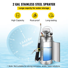 2Gal Stainless Steel Sprayer, Set with 20" Wand& Handle& 3FT Reinforced Hose, Hand Pump Sprayer with Pressure Gauge&Safety Valve, Adjustable Nozzle Suitable for Gardening and Sanitizing