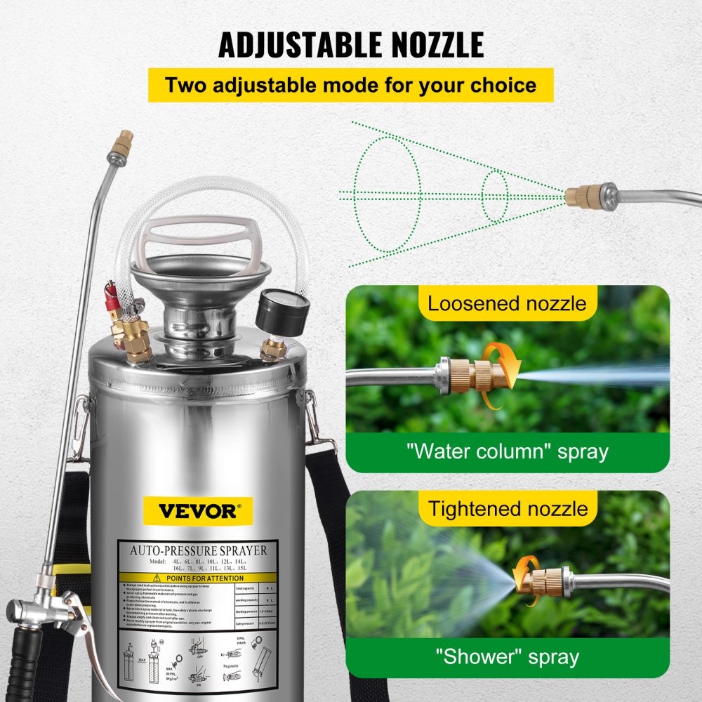 2Gal Stainless Steel Sprayer, Set with 20" Wand& Handle& 3FT Reinforced Hose, Hand Pump Sprayer with Pressure Gauge&Safety Valve, Adjustable Nozzle Suitable for Gardening and Sanitizing