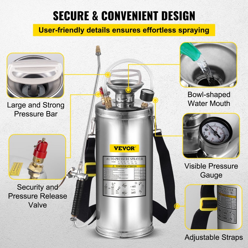 2Gal Stainless Steel Sprayer, Set with 20" Wand& Handle& 3FT Reinforced Hose, Hand Pump Sprayer with Pressure Gauge&Safety Valve, Adjustable Nozzle Suitable for Gardening and Sanitizing