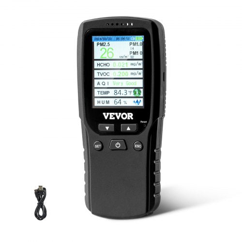 Bostome 8-in-1 air quality monitor displaying PM2.5, TVOC, HCHO, AQI, humidity, and temperature readings on its screen, with USB cable.